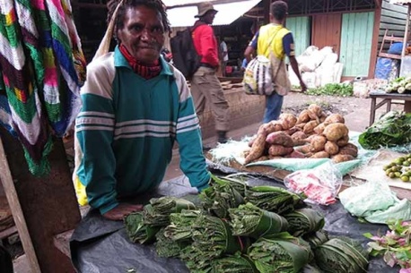 Seorang ibu menjual daun gatal di pasar Oksibil, Kabupaten Pegunungan Bintang, Papua. Satu ikat daun gatal dijual dengan harga Rp 10.000.